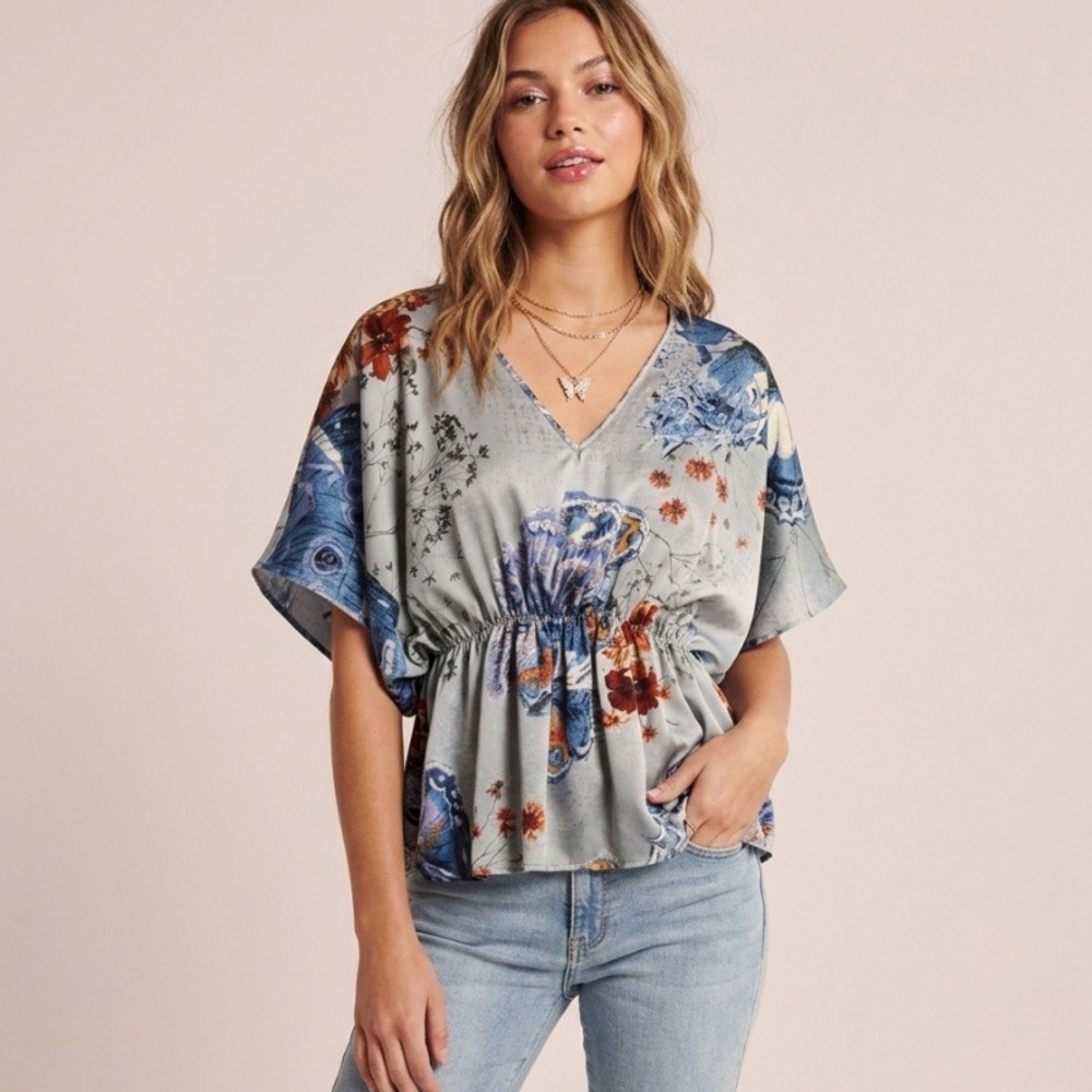 Vtg Mystic Y2K Blue Orange Floral Butterfly Print Top M L Kaftan Tunic Dolman